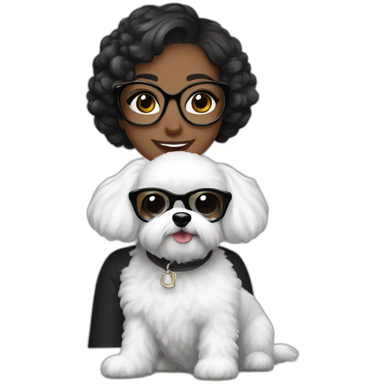 mujer cabello negro largo gafas y perro bichon blanco emoji
