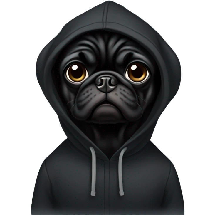 Black pug wearing a black hoodie emoji