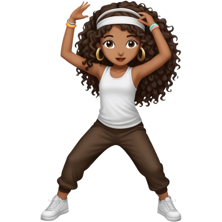 Dancing dark brown girl with long darn brown curly hair with headband hip hop emoji