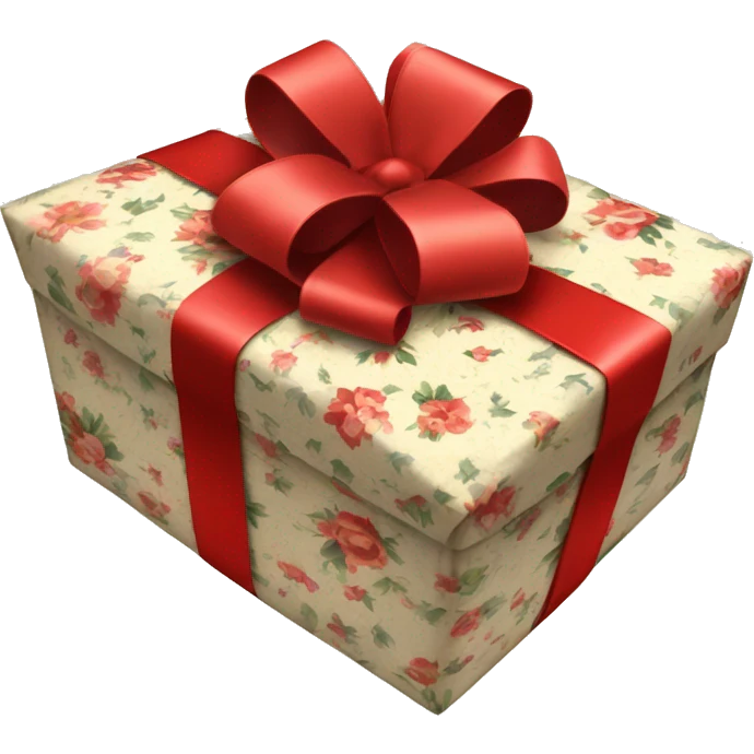  gift wrapped in vintage floral paper, topped with a thin red ribbon bow. emoji