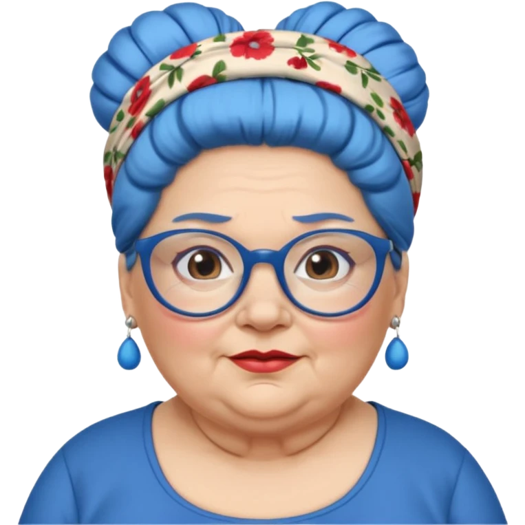 fat old woman with blue big bun hair and glassess and headband, no earrings emoji