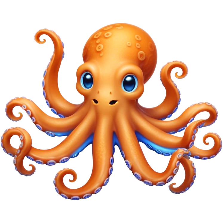 Cinematic Noble smiling Octopus Portrait Emoji, Poised and enchanting, with a light orange body adorned with vibrant blue rings and eight delightfully curling arms with gentle suckers, large sparkling eyes exuding warmth and playfulness, Simplified yet charmingly expressive features, highly detailed, glowing with a soft, magical underwater radiance, high shine, intelligent and irresistibly cute, stylized with an air of whimsical marine enchantment, focused and fluid, soft glowing outline, capturing the essence of a watchful and endearing octopus that appears ready to float out of the screen with delightful charm! emoji