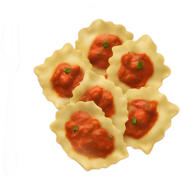A plate of ravioli with red sauce emoji