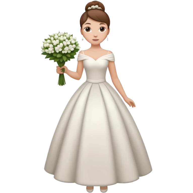 Chica blanca, cabello castaño, recogido en moño alto, vestido novia de invierno, cuerpo entero, ramo de flores en una mano emoji