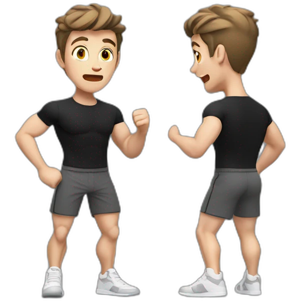 amazed Open with surprise mouth Pale skinned Fit Man With the biceps and dark brown hair in black shirt, gray sports shorts and white Sneakers emoji