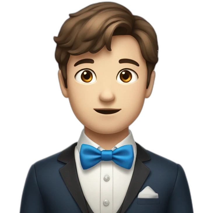 A young male tennager with a round face and very short brown hair and a mole on chin wearing a blue bow tie emoji