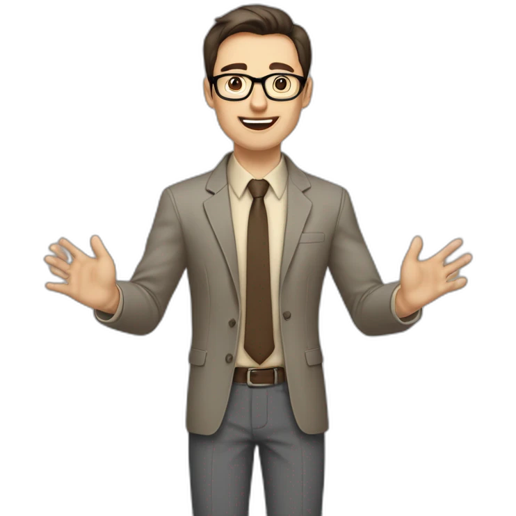 To belt Actively gesturing with hands Pale skinned fit man teacher with dark brown hair in gray jacket, beige office shirt, brown tie, brown pants and vintage glasses. emoji