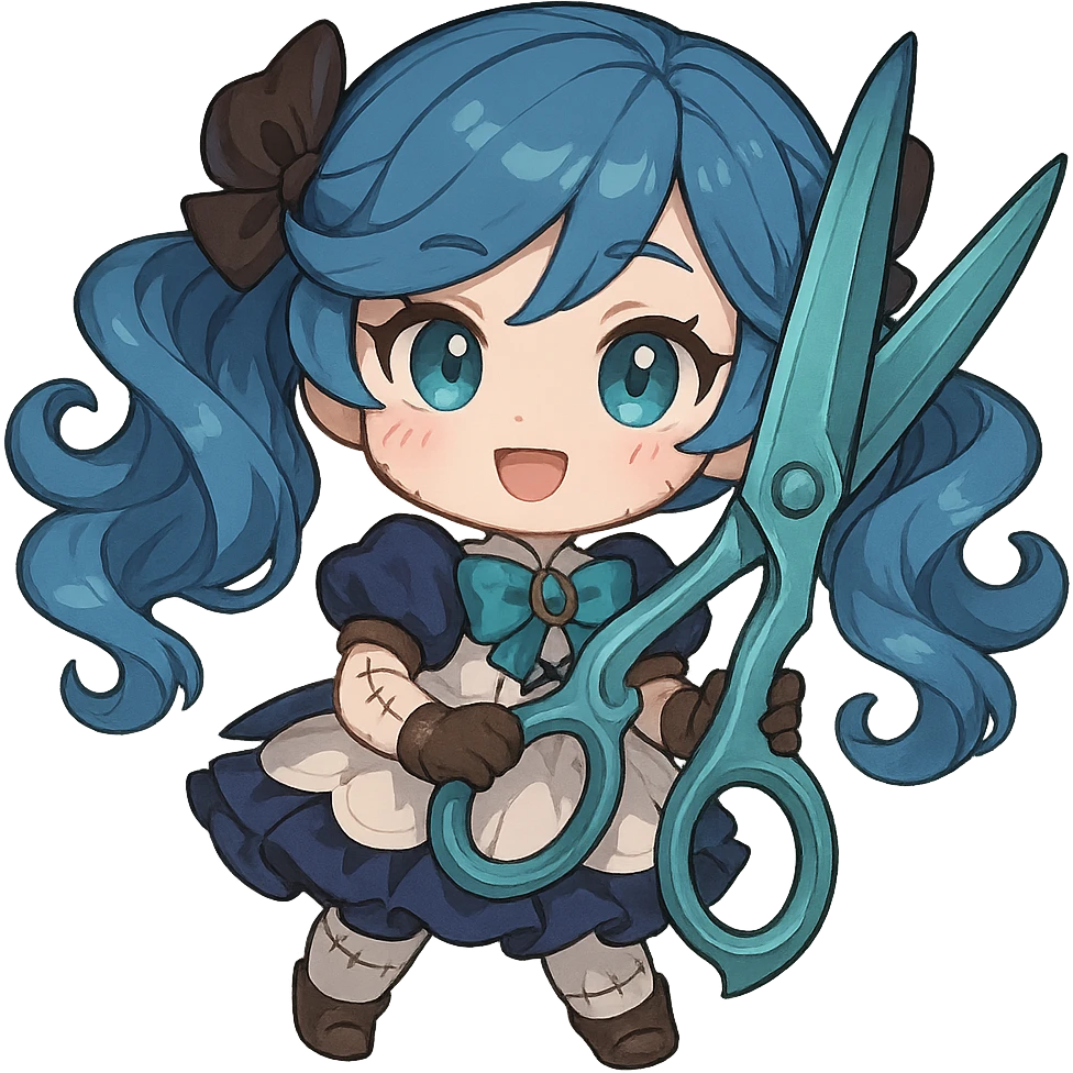 chibi style Gwen from League of Legends with oversized scissors, cute expression, blue hair, stitched doll details emoji