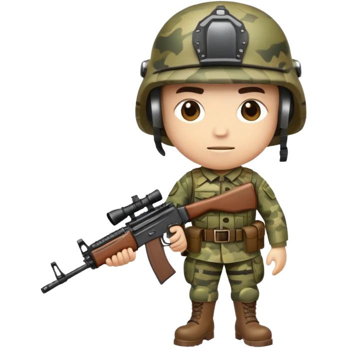A soldier in military uniform, wearing camouflage, helmet, and boots. Holding a rifle or standing at attention, embodying strength, discipline, and service emoji