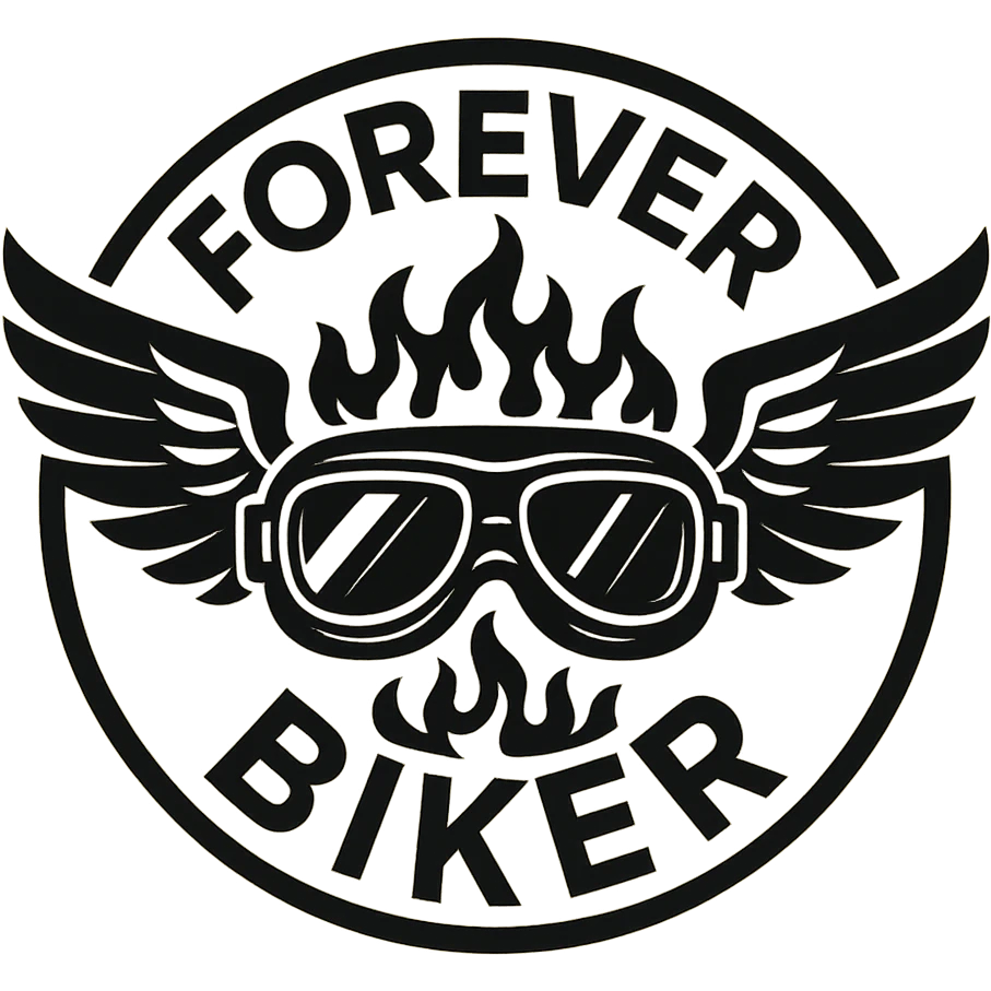 circular transparent background design for motorcycle cap, text 'FOREVER BIKER', motif: motorcycle goggles, wing, flame, modern style emoji
