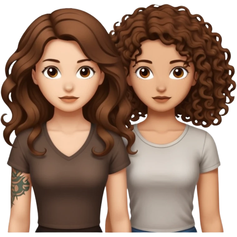 formula drawing — long wavy brown hair tattooed woman and short tight curly brown hair woman — rune sketch ground emoji