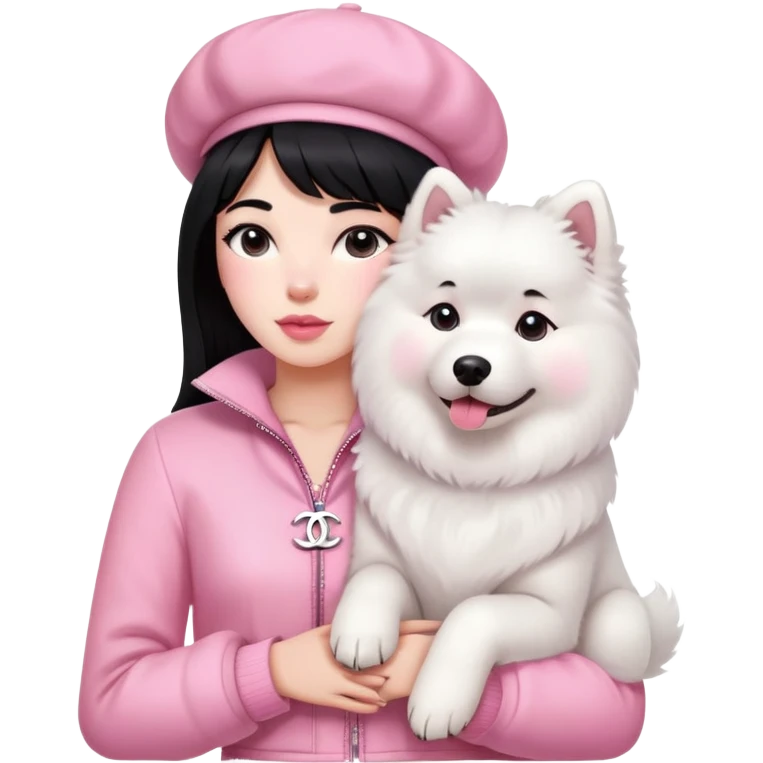 Black-haired girl in pink Chanel-style outfit with white Samoyed dog emoji