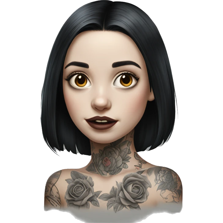 Hyperrealistic Pale girl with black hair arm tattoos emoji