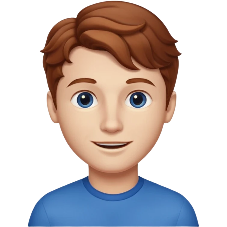Please generate a portrait of a boy. He has wavy, light brown to reddish-brown hair, a right side parting, longer sideburns, blue eyes, a snub nose, and a somewhat pronounced, strawberry-red pout. He is smiling. emoji