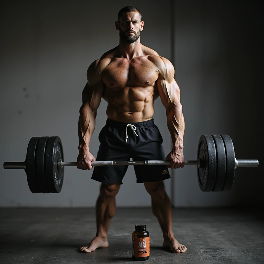realistic muscular athlete doing deadlifts, dosage chart and bottle of AAS near feet, serious and thoughtful look, isolated on white background emoji