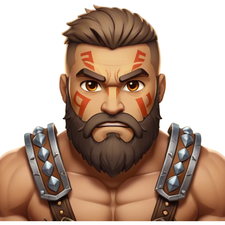 Clash of Clans aesthetic: Cinematic Rugged Barbarian Portrait Emoji, Intense and formidable with a heavily muscled physique, a rugged beard, piercing eyes, and battle-worn armor adorned with tribal markings, his expression fierce and resolute, Simplified yet powerfully detailed features, highly detailed, glowing with a deep, primal energy, high shine, gritty and uncompromising, stylized with an air of raw, untamed power, focused and determined, soft glowing outline, capturing the essence of a barbarian warrior carved by countless battles and poised to lead his clan into epic conflict! emoji