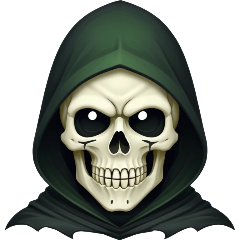 Icon of the Grim Reaper's face. His skull is stylized, his hood is tattered. He is [например: winking with a sly grin]. Clean, flat vector art, high contrast. Stylized as a modern logo or a medieval woodcut. Strictly black and white with one accent color like dark moss green or deep crimson.  emoji