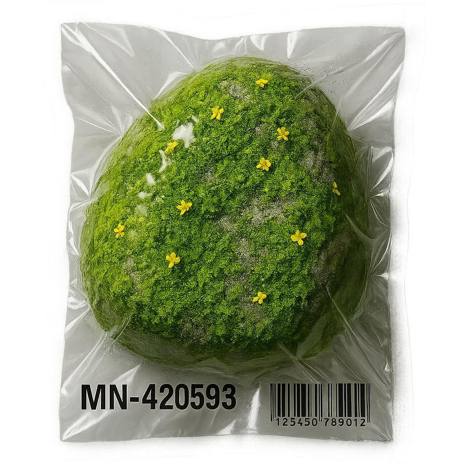 stone mostly covered in green moss with small flowers, glossy and puffy emoji