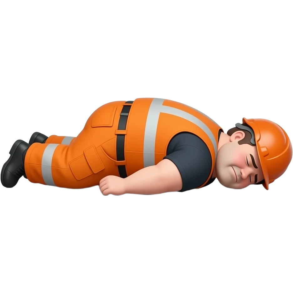 fat MAN, no helmet, IN ORANGE HIVIS OVERALLS, not happy, laying face down on floor, side view emoji
