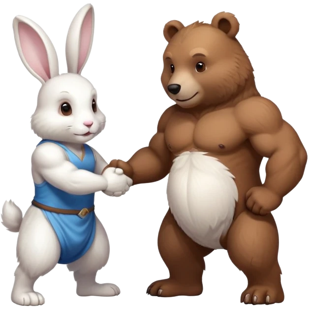 create one brown bear and one white rabbit with muscle body doing a handshake emoji