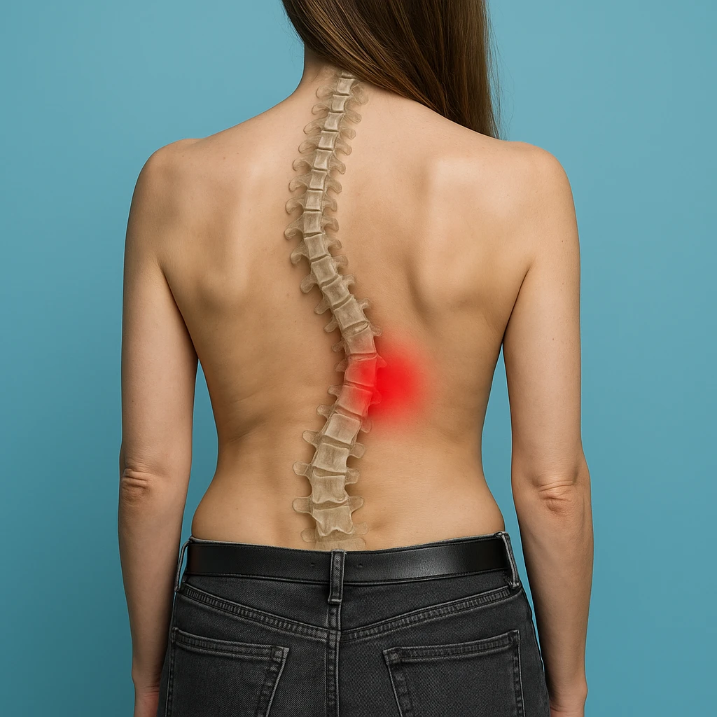 Hyperrealistic style, woman seen from behind with scoliosis, curved spine highlighted, red spot on the dorsal section, light blue background, realistic anatomical details, 4K quality. Variant 2. emoji