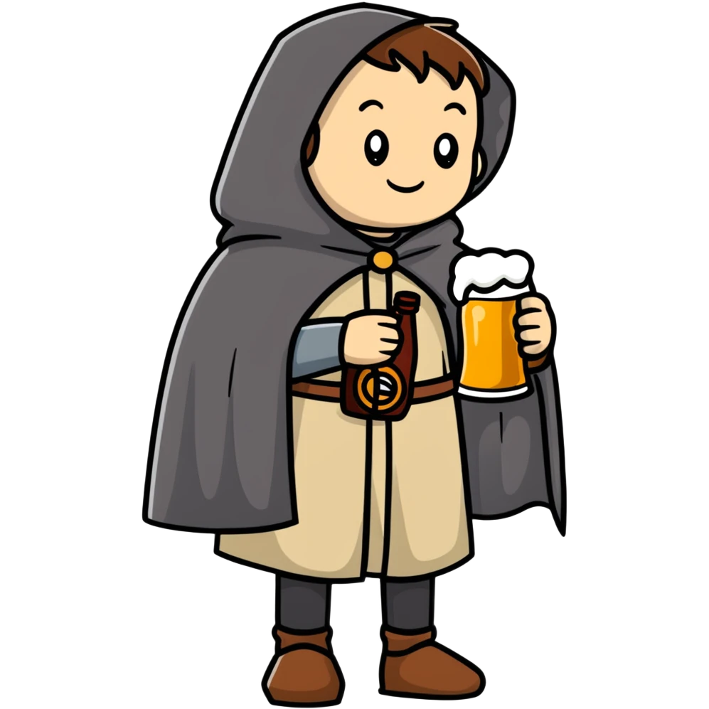 young medieval pilgrim with cloak and beer bottle emoji