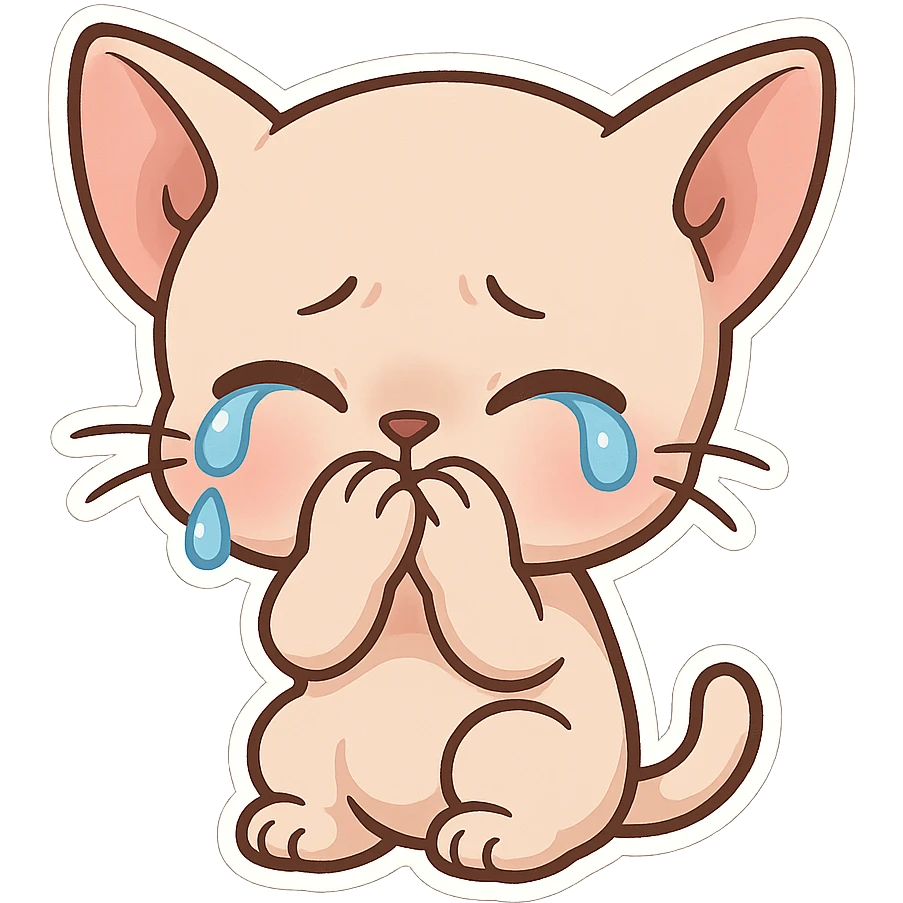 A bald kitten with no hair on its head. The kitten is crying with its paws covering its mouth. emoji