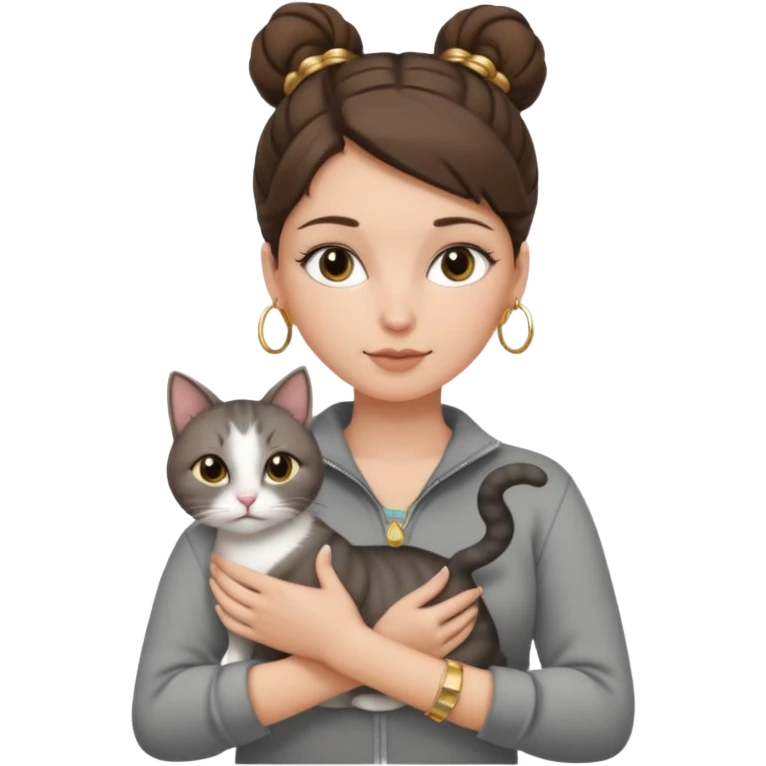 a white girl with brunette hair in a one single bun holding a grey cat. the girl has long lashes and has on a grey zip up that is half way zipped  and under a white shirt and gold jewelry that is gold bracelets. emoji