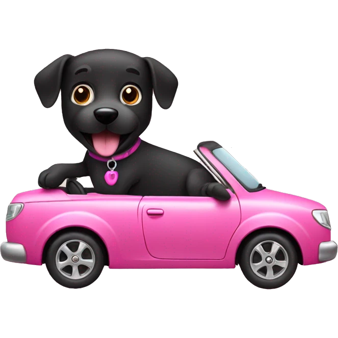 Black dog riding in a pink car emoji