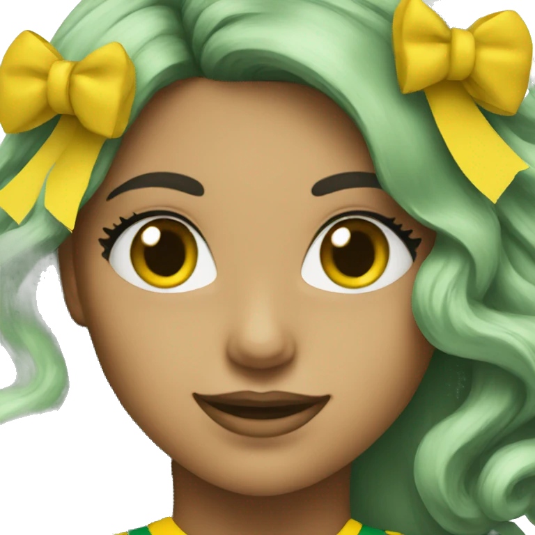 Cheerleader with green and yellow uniform and poms emoji