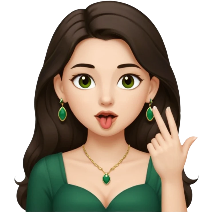 pretty bratz genmoji that looks like tamannah bhatia (bollywood actress), wearing a dark green sweetheart neckline top, dark brown hair, light makeup, no necklace, dangly earrings, SIDE hair part, fair. dark brown eyes, long hair

Show her licking her finger  emoji
