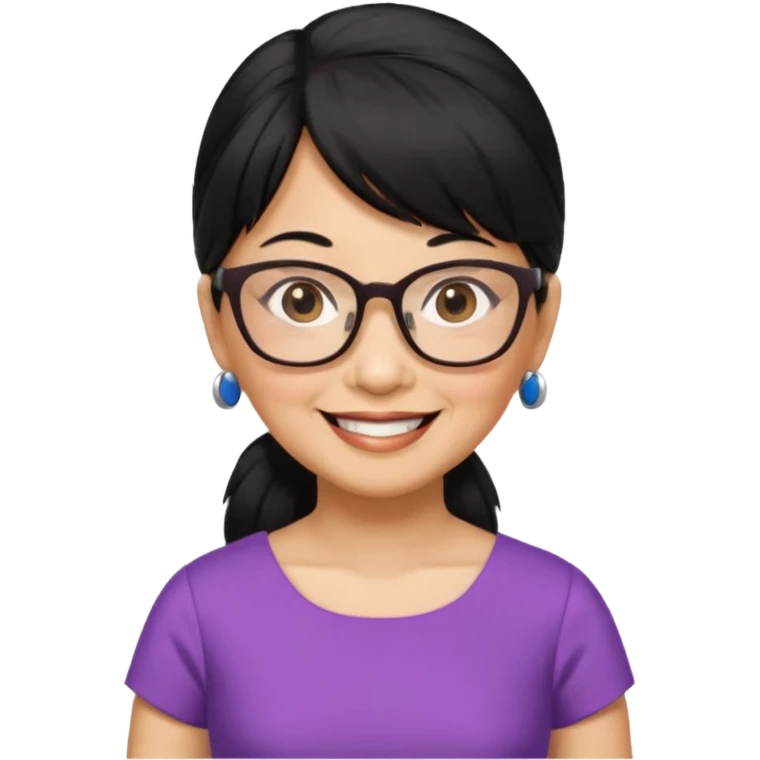 filipino woman black hair in one pony tail with straight bangs and big glasses, 60 yr old, nice dress

 emoji