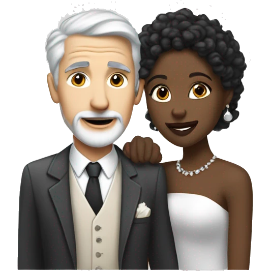 A pale white man with grey hair and with a goatee has just married, with a black woman with black shoulder length curly hair and a brown complexion. They have a lot of money. they are hugged emoji