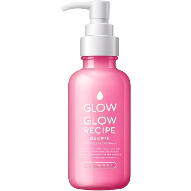 Pink skin care bottle with the text Glow Recipe on emoji