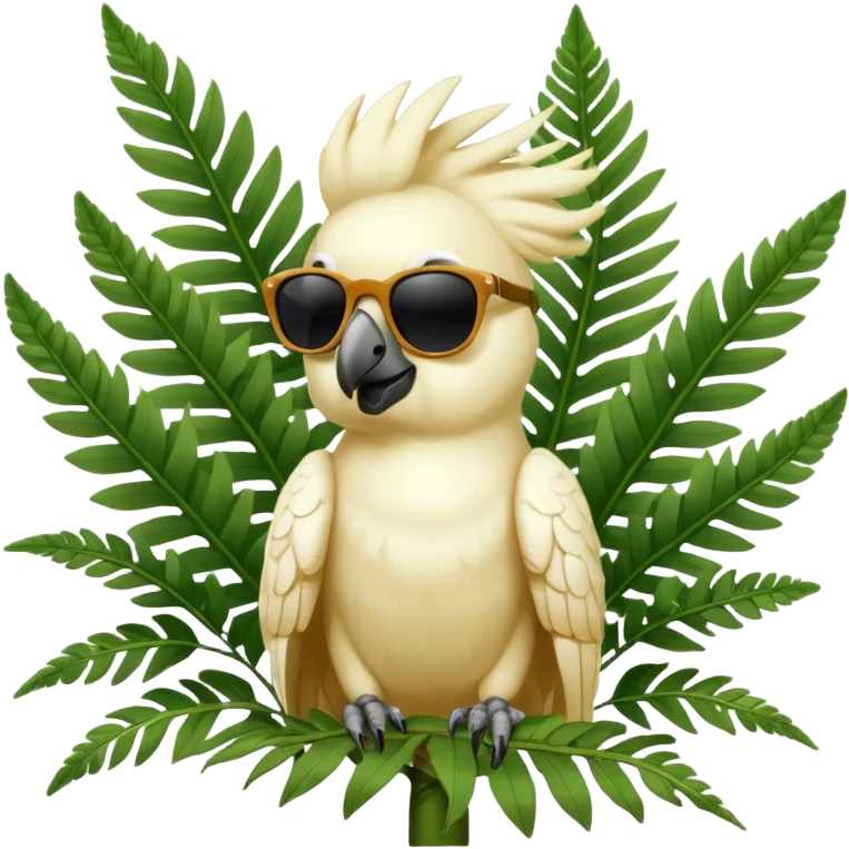 sulfer crested cockatoo wearing sunglasses sitting in a green fern tree with an australian street sign sitting infront of it saying welcome to cockatoo emoji
