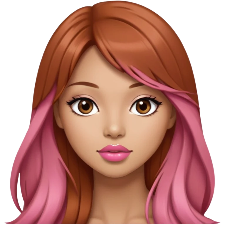 gorgeous woman, light tan skin, very long auburn hair, side bangs, black eyes, peachy pink lipstick, model, latina, asian, mixed emoji
