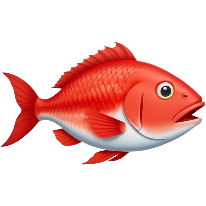 extremely derpy red fish with bulging eye and goofy buck teeth, perfect flat side profile facing right, exactly 90 degrees, completely 2D like a paper cutout, only one eye visible, absolute side view emoji