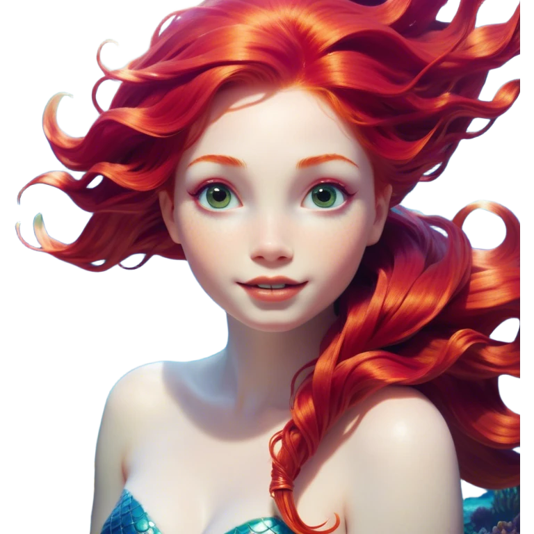 Cinematic Realistic Red Hair Mermaid Portrait, head tilted dramatically with an exaggeratedly amused expression, featuring a striking, vibrant form with meticulously detailed, flowing red hair and luminous porcelain skin. Her expressive eyes burst with playful marine mischief, rendered with dynamic underwater lighting and vibrant textures that convey an air of cheeky oceanic whimsy and over‐the‐top mermaid charm. emoji