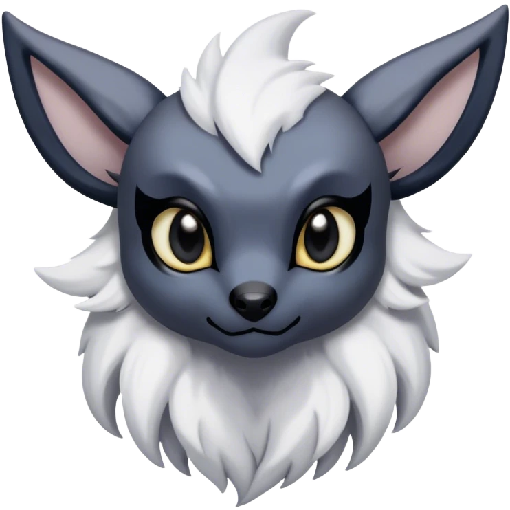 Absol-Umbreon-fantasy creature, nostril holes. black ears, no Scapha, black long scaly tail, big eyes, black eyes, white fur, black claws, cute, adorable emoji