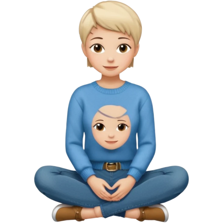 woman sitting cross legged short pixie hair jeans sweater smile  emoji