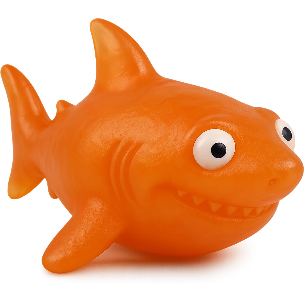 hyper-detailed retro 90's toy style bright orange semi-transparent soft plastic shark with derpy eyes soft reflections soft and squishy some cloudiness not shiny highly detailed appealing no tag no background emoji