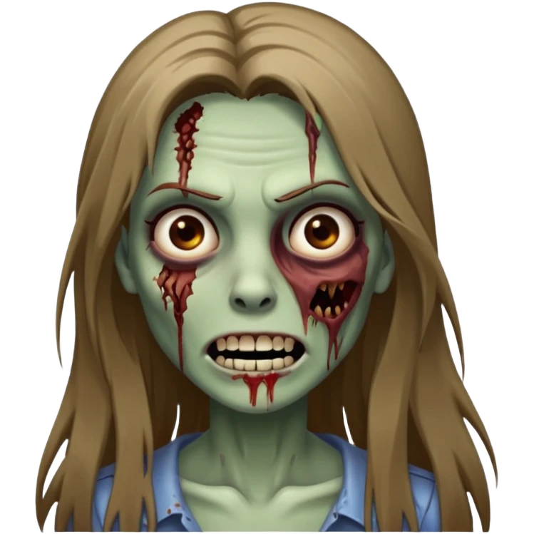 a zombie woman with straight brown long hair, a bruised mouth, and a smile  emoji