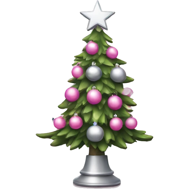 Christmas tree with silver and pink balls and lights with star on top emoji