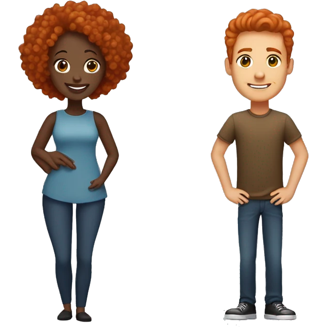 Create an emoji of a couple: a woman with curly long red hair and a man with very short straight black hair and dark brown skin. Both should be smiling and hugging emoji