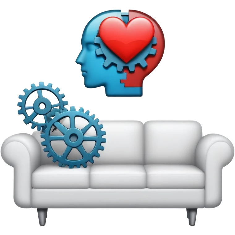 An icon featuring a human head silhouette with gears and a heart inside, symbolizing psychology. The design includes a therapy couch and a speech bubble, representing mental health and communication. Transparent background highlights the study of the human mind and behavior. emoji