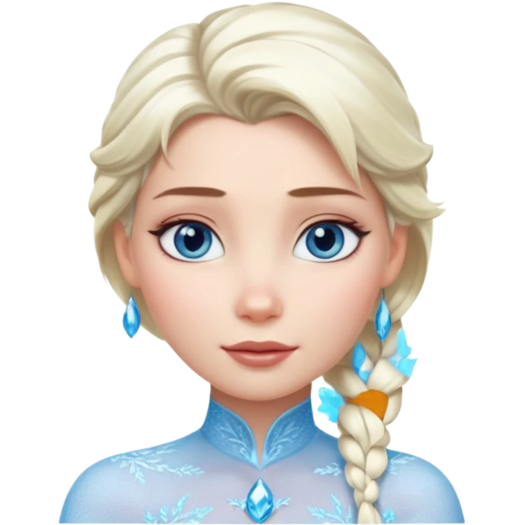 Кинематографический реалистичный портрет Эльзы с реалистичной текстурой кожи, мягким естественным освещением и изящно детализированными платиново-русыми волосами Её  выразительные голубые глаза излучают уверенность, спокойное выражение. Морозная свежесть  emoji