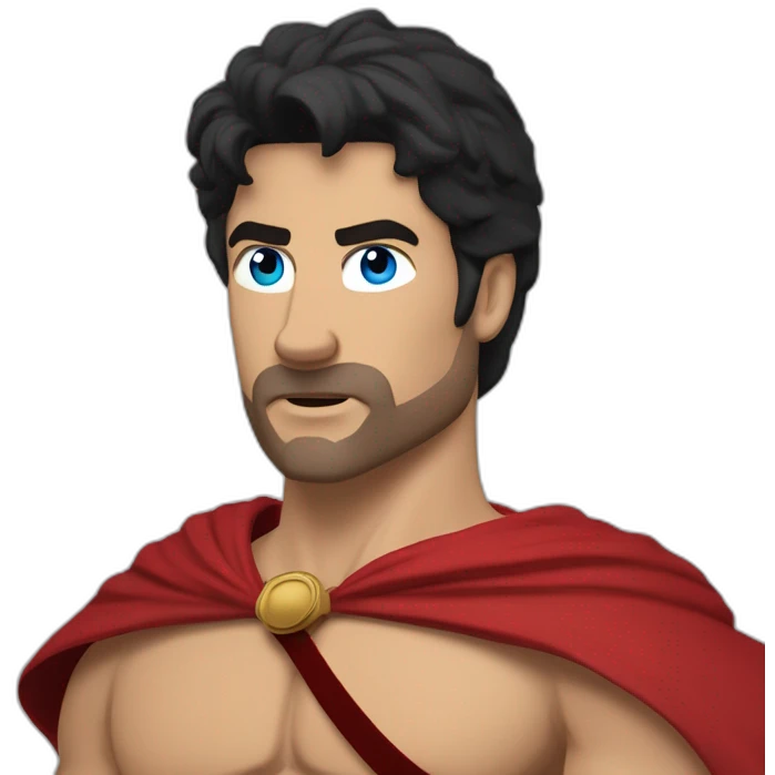 The Spartan Leonidas. Muscly physique. Wearing a red cape. Masculin. Black hair. Blue eyes. emoji