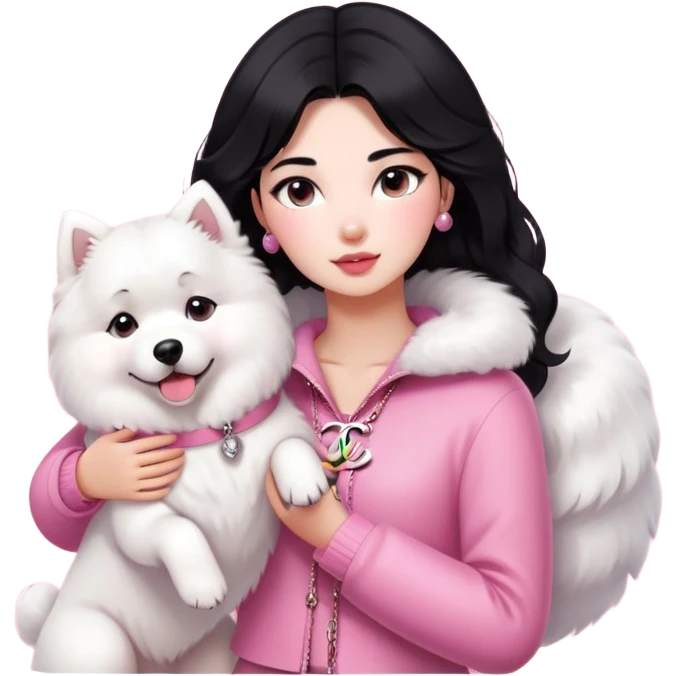 black-haired girl in pink Chanel style outfit with white Samoyed dog emoji