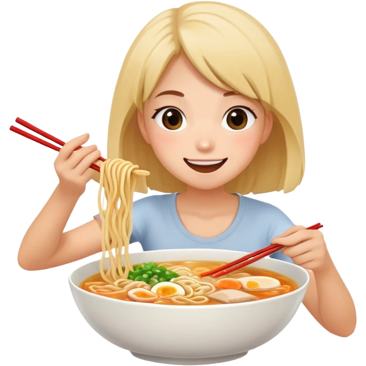 Happy girl eating a lot of ramen emoji