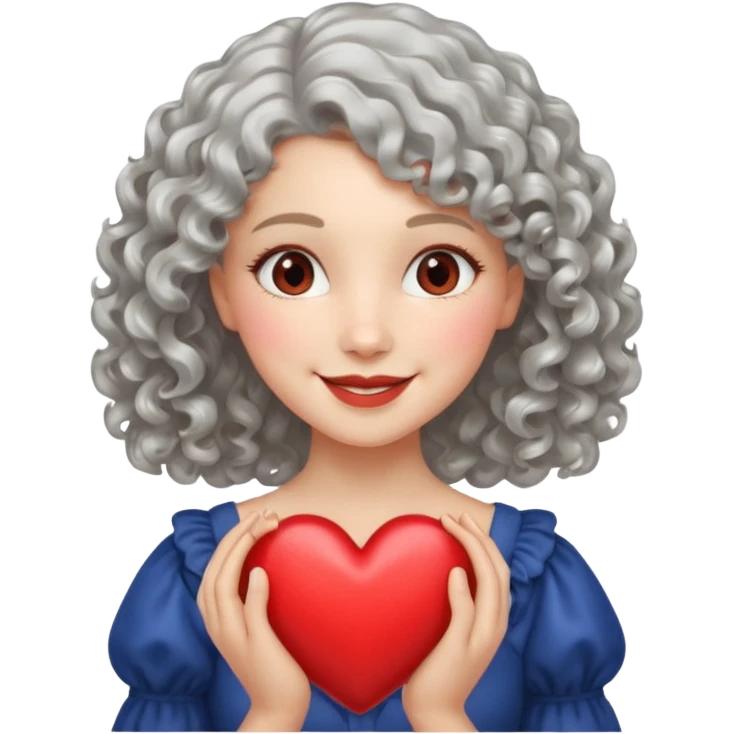 silvery curly/wavy shoulder-length hair smiling lady holding a heart emoji